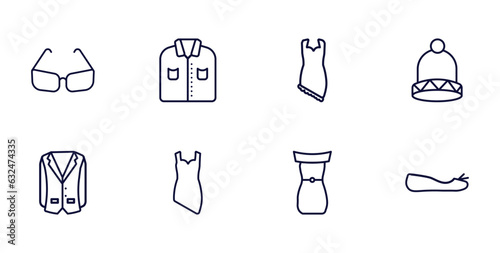 set of clothes and outfit thin line icons. clothes and outfit outline icons such as cat eye glasses, formal shirt, knit hat with pom pom, oxford wave blazer, cocktail dress, off the shoulder dress,