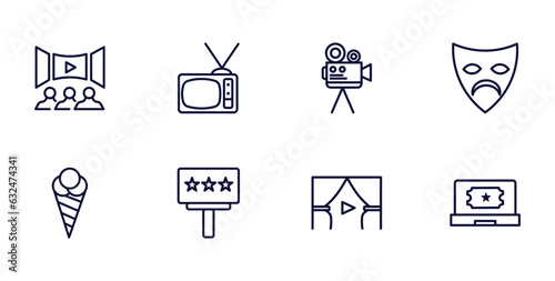 set of cinema and theater thin line icons. cinema and theater outline icons such as movie theatre, television with antenna, sad mask, stripped ice cream cone, movie billboard, cinema curtains, buy
