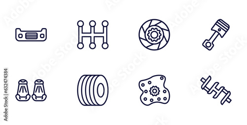 set of car parts thin line icons. car parts outline icons such as car bumper, transmission, connecting rod, cowl, trim, oil pump, crankshaft vector.
