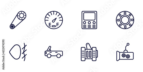 set of car parts thin line icons. car parts outline icons such as car camshaft, fuel gauge, bearing, fog lamp, soft top, alternator, gearbox vector.