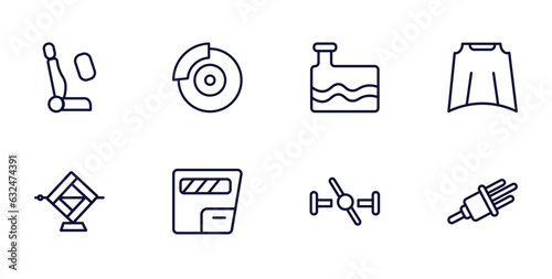 set of car parts thin line icons. car parts outline icons such as car air bag, disc brake, bonnet, jack, glove compartment, choke, distributor vector.