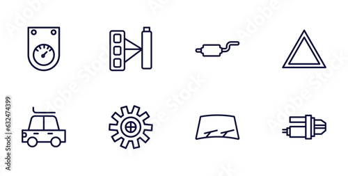 set of car parts thin line icons. car parts outline icons such as car ammeter, manifold, hazard lights, roof, sprocket, windscreen, starter vector.