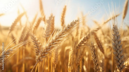 Wheat field with Sunny Light Background  Ears of Wheat on the Field  Agriculture  Harvesting. Generative AI
