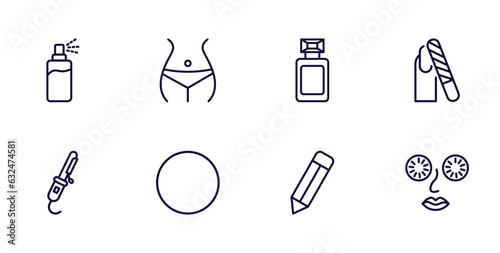 set of beauty and elegance thin line icons. beauty and elegance outline icons such as hair spray, women waist, nail file, curler, 1642645100876100-56.eps,,,,,, pencils, cucumber slices on face