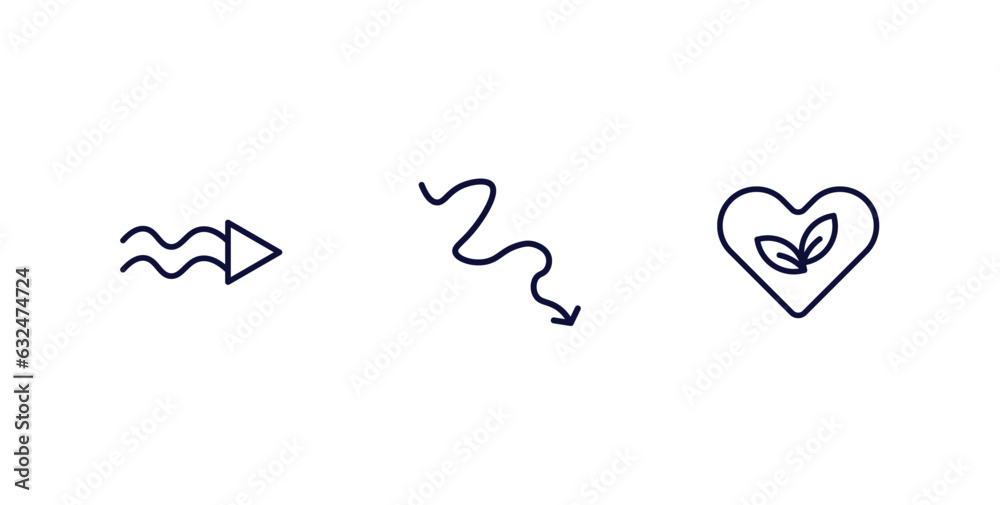 set of user interface thin line icons. user interface outline icons included undulating arrow, arrow with scribble, ecologic heart vector.