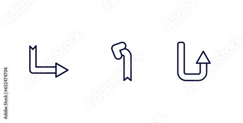 set of user interface thin line icons. user interface outline icons included down right arrow, left curve, turn up arrow vector.