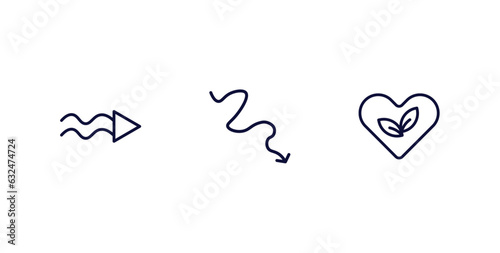 set of user interface thin line icons. user interface outline icons included undulating arrow, arrow with scribble, ecologic heart vector.