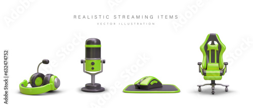 Accessories of radio presenter, blogger, streamer. Set of green gamer icons. Podcasting, news. 3D headphones, microphone, mouse, chair on wheels. Devices for user comfort