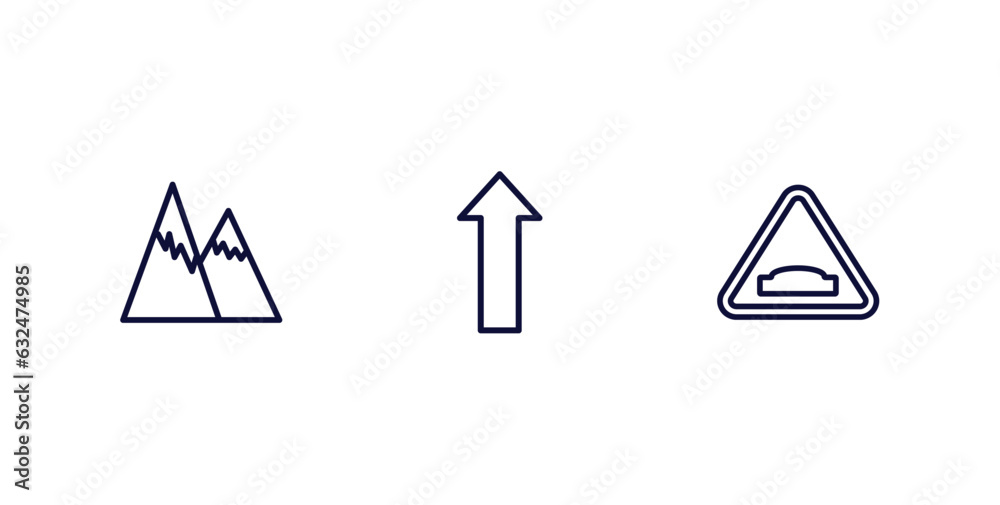 set of traffic signs thin line icons. traffic signs outline icons included hill, straight, humps vector. set of traffic signs thin line icons. traffic signs outline icons included hill, straight, humps vector.
