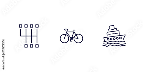 set of transportation thin line icons. transportation outline icons included shift, bikes, ferry vector.