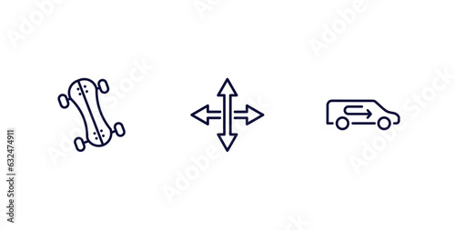 set of transportation thin line icons. transportation outline icons included longboard, movement, recirculation vector.