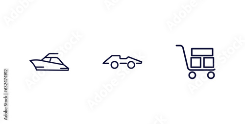 set of transportation thin line icons. transportation outline icons included yacht navigate, formula 1, cart with boxes vector.