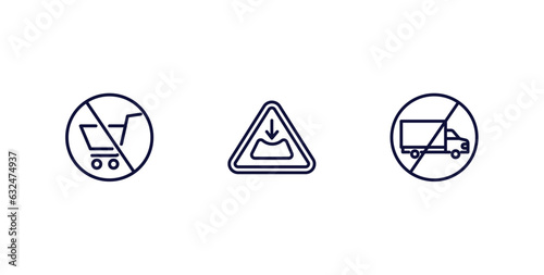 set of traffic signs thin line icons. traffic signs outline icons included no shopping cart, pothole, no trucks vector.