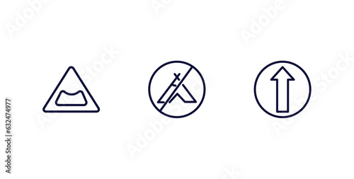 set of traffic signs thin line icons. traffic signs outline icons included pothole, no camping, ahead only vector.