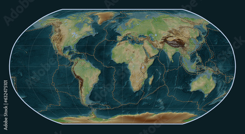 Tectonic plate boundaries on the world map - 0 PM. Robinson