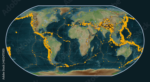 Earthquakes on the world map - 0 PM. Robinson