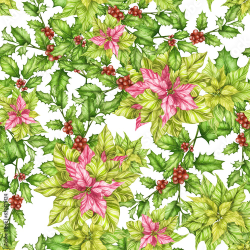Elegant seamless pattern with parts of winter plants - poinsettia, mistletoe, rowan tree branches with berries and cones, bluebells. Christmas and New Year endless print. Hand drawn illustration for © Elena Zakharova