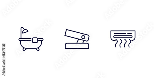 set of tools and utensils thin line icons. tools and utensils outline icons included bath tub, hole puncher, air conditioning vector.