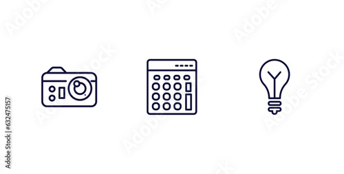 set of technology thin line icons. technology outline icons included photograph camera, basic calculator, old light bulb vector.