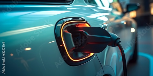 Charging an electric car and closeup on socket connection. generative AI