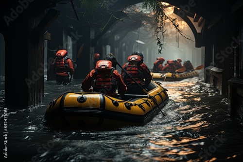 Rubber boat rescue team assisting people stranded on the roof of a flooded building amidst a severe storm and heavy rain © Chanwit