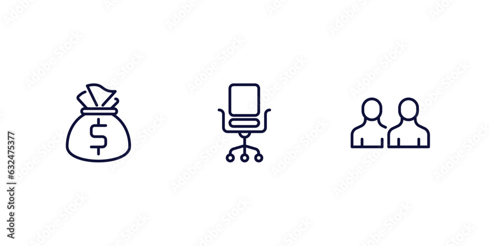 set of strategy thin line icons. strategy outline icons included money bag, desk chair, sample vector.