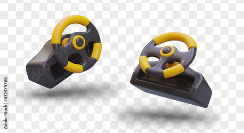Realistic 3d steering racing wheel in different positions. Device to control car in game on computer for gamers. Driving accessories concept. Vector illustration