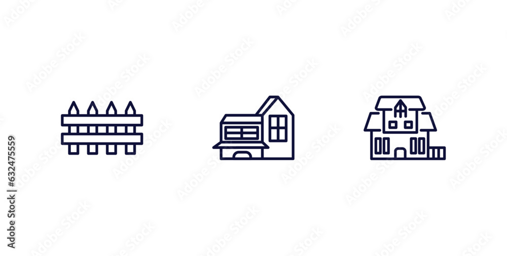 set of real estate industry thin line icons. real estate industry outline icons included fence, modern house, villa vector.