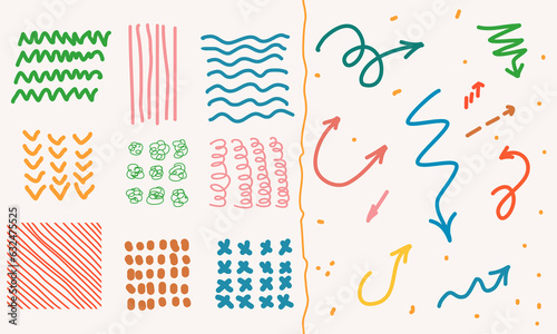 Various Doodle Sketch Arrows, Shape Direction Pointers and Objects. Colored lines, curves, dots, spirals are drawn by hand. Brush stroke style. Hand drawn abstract texture set.