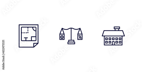set of real estate industry thin line icons. real estate industry outline icons included plans, juridical, facade vector.