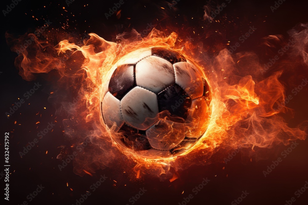Naklejka premium Soccer Ball on Fire, Burning Football, Flamy Ball on Black Background. Generative Ai