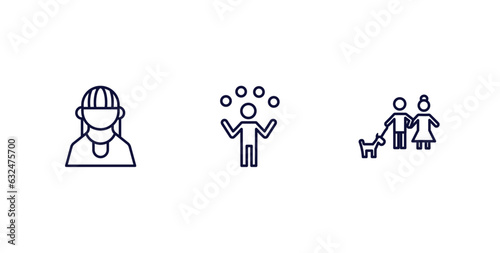 set of people and relation thin line icons. people and relation outline icons included amazonian, juggling ball, man girl and dog vector.
