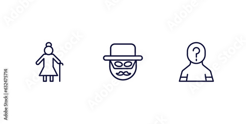 set of people and relation thin line icons. people and relation outline icons included elder, zorro, unknown vector.