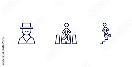 set of people and relation thin line icons. people and relation outline icons included spanish man, road crossing, downstairs vector.
