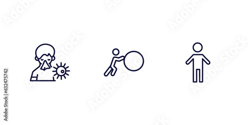 set of people and relation thin line icons. people and relation outline icons included sickness, effort, small boy vector.