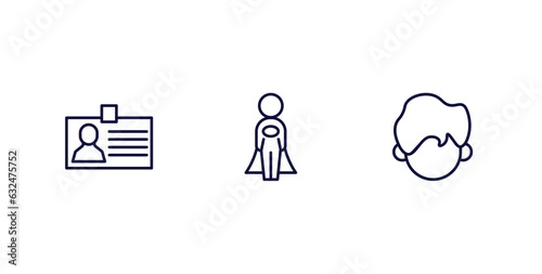 set of people and relation thin line icons. people and relation outline icons included identification ard, cape, facial hair vector.