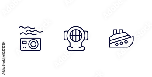 set of nautical thin line icons. nautical outline icons included water resist camera, aqualung, cruise ship vector.