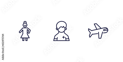 set of people and relation thin line icons. people and relation outline icons included bearded woman, pacient, aviation vector.