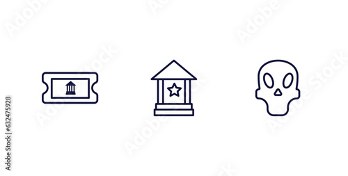 set of museum and exhibition thin line icons. museum and exhibition outline icons included museum ticket, cinema, remains vector.