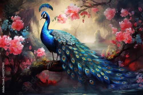 Green peacock sits on a branch. Beautiful illustration picture. Generative AI photo