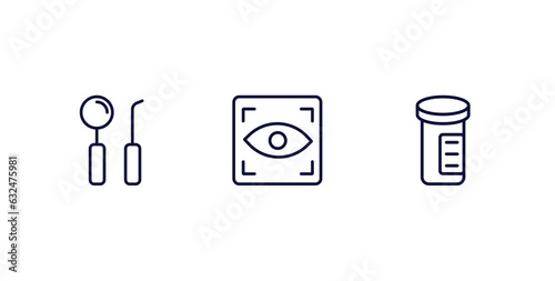 set of medical and healthcare thin line icons. medical and healthcare outline icons included dentist tool, eye scanner medical, pills jar vector.