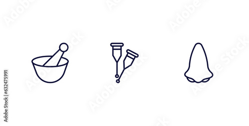 set of medical and healthcare thin line icons. medical and healthcare outline icons included medicines bowl, crutches couple, l vector.