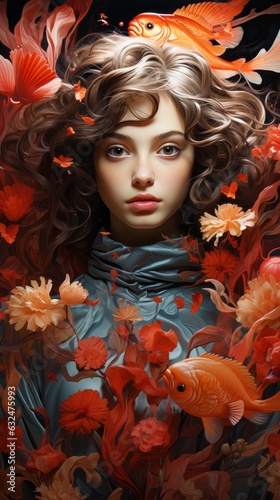 Woman in flowers. Beautiful illustration picture. Generative AI