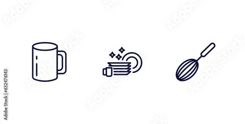 set of kitchen thin line icons. kitchen outline icons included mug, dishes, beater vector.