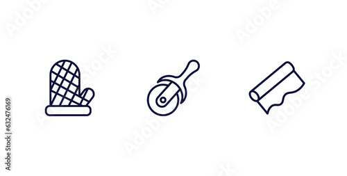 set of kitchen thin line icons. kitchen outline icons included mitten, pizza cutter, aluminum foil vector.