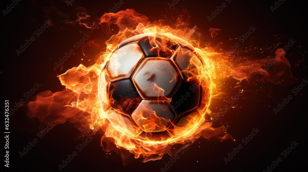 Fototapeta premium Soccer Ball on Fire, Burning Football, Flamy Ball on Black Background. Generative Ai