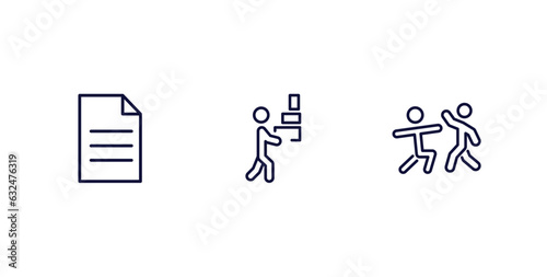 set of humans and behavior thin line icons. humans and behavior outline icons included single file, carrying, fighting vector.
