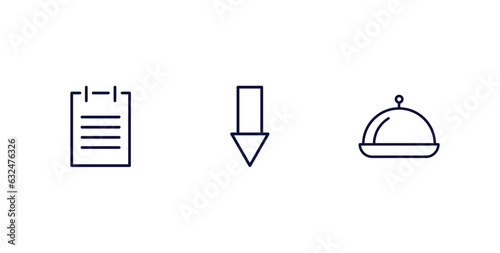 set of hotel and restaurant thin line icons. hotel and restaurant outline icons included agenda, go down, restaurant tray vector.