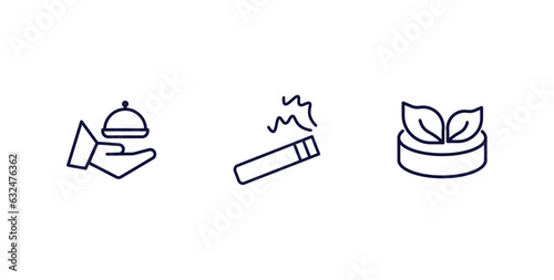 set of hotel and restaurant thin line icons. hotel and restaurant outline icons included room service, smoking, vegetarian vector.