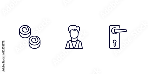 set of hotel and restaurant thin line icons. hotel and restaurant outline icons included cinnamon roll, valet, doorknob vector.